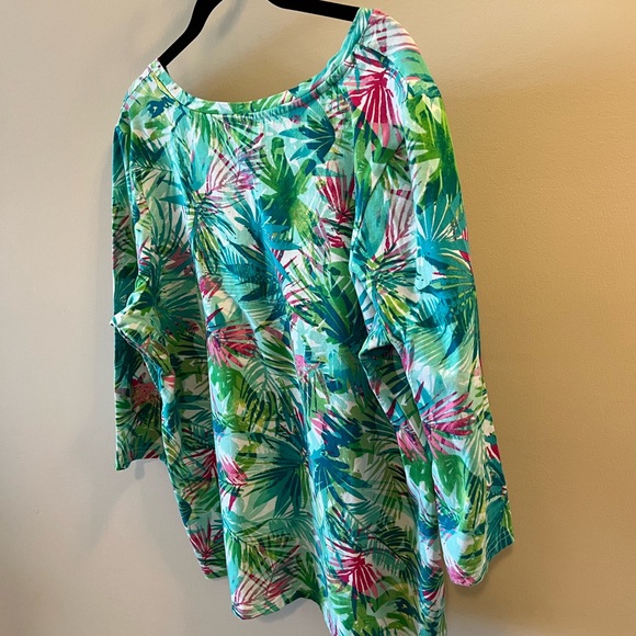 Caribbean Joe Green and Pink Leaf Print Long Sleeve Top Size 1X - Picture 5 of 5